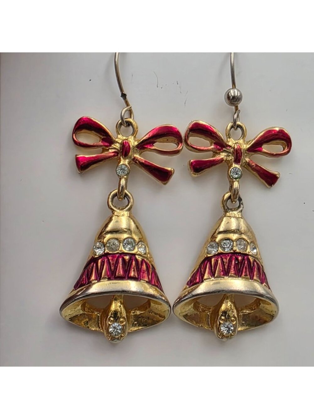 Vintage Avante Red & Gold Bell Dangle Earrings Rhinestone Christmas Holiday